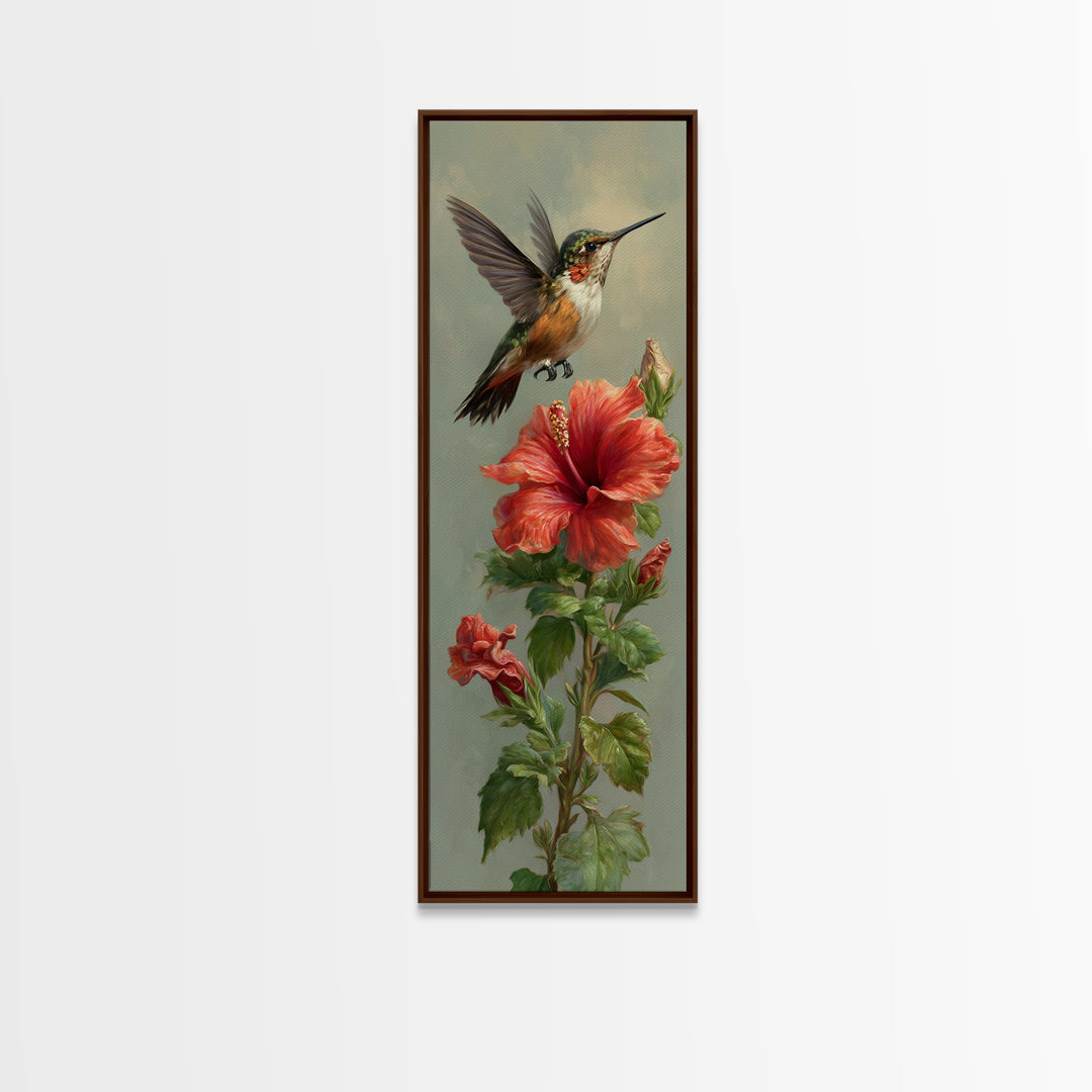 Hummingbird Hovering Beside Bright Hibiscus Canvas Print, Bird Art, Living Room Decor, Fine Art, Flight, Rustic Home Decor, BIR-1x3-88