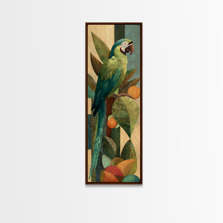 Parrot Among Tropical Leaves and Fruit Canvas Print, Bird Art, Rustic Home Decor, Living Room Decor, Oil Painting, Flight, BIR-1x3-97
