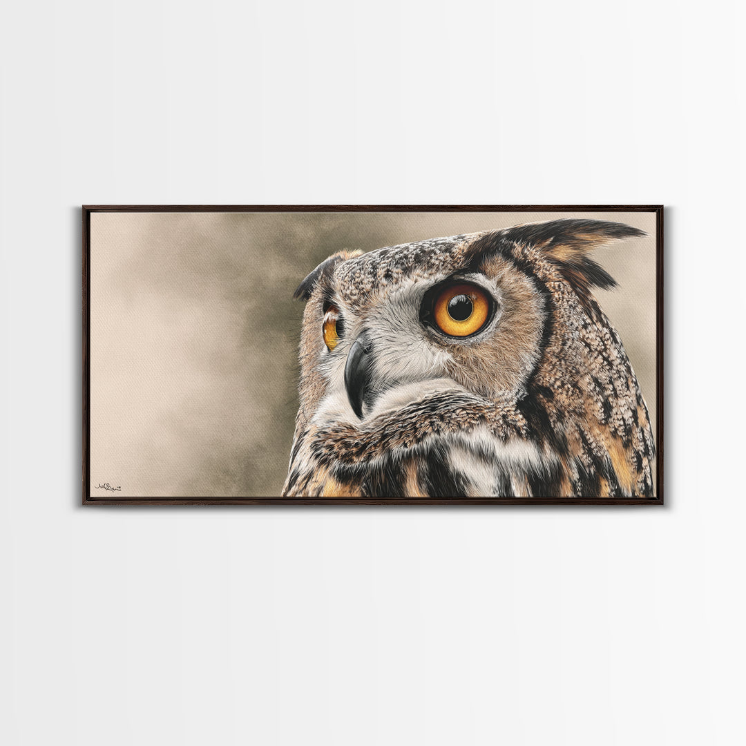 Owl Portrait with Wise Golden Eyes Framed Canvas Print, Bird Art, Home Decor, Living Room Decor, Flight, Modern Wall Art, BIR-2x1-1