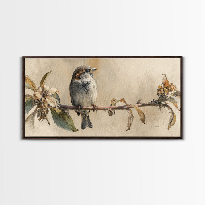 Small Sparrow on Wildflower Stem Framed Canvas Print, Bird Art, Art Print, Living Room Decor, Watercolor Art, Flight, BIR-2x1-10