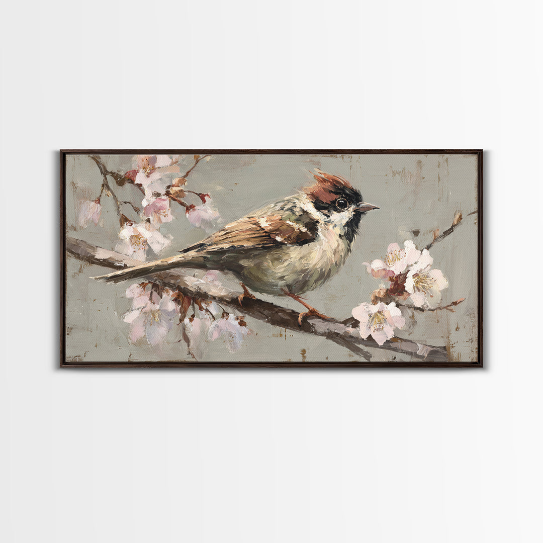 Songbird Perched on Cherry Blossoms Framed Canvas Print, Bird Art, Mid Century Wall Art, Living Room Decor, Fine Art, Flight, BIR-2x1-100