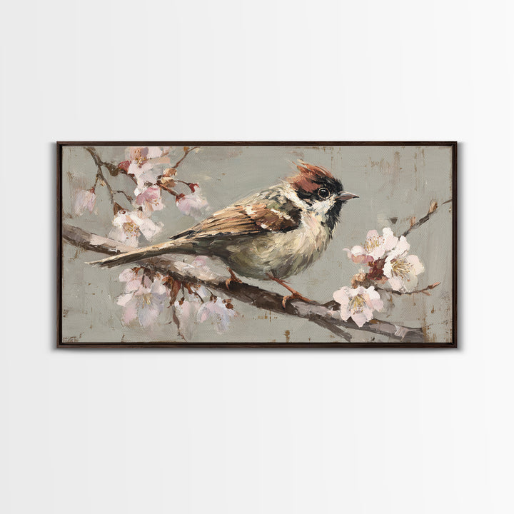 Songbird Perched on Cherry Blossoms Framed Canvas Print, Bird Art, Mid Century Wall Art, Living Room Decor, Fine Art, Flight, BIR-2x1-100