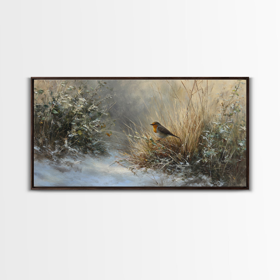 Robin in a Spring Garden with Soft Framed Canvas Print, Bird Art, Gallery Wall, Living Room Decor, Flight, Gallery Decor, BIR-2x1-11