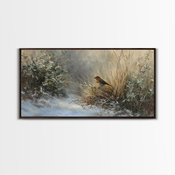 Robin in a Spring Garden with Soft Framed Canvas Print, Bird Art, Gallery Wall, Living Room Decor, Flight, Gallery Decor, BIR-2x1-11