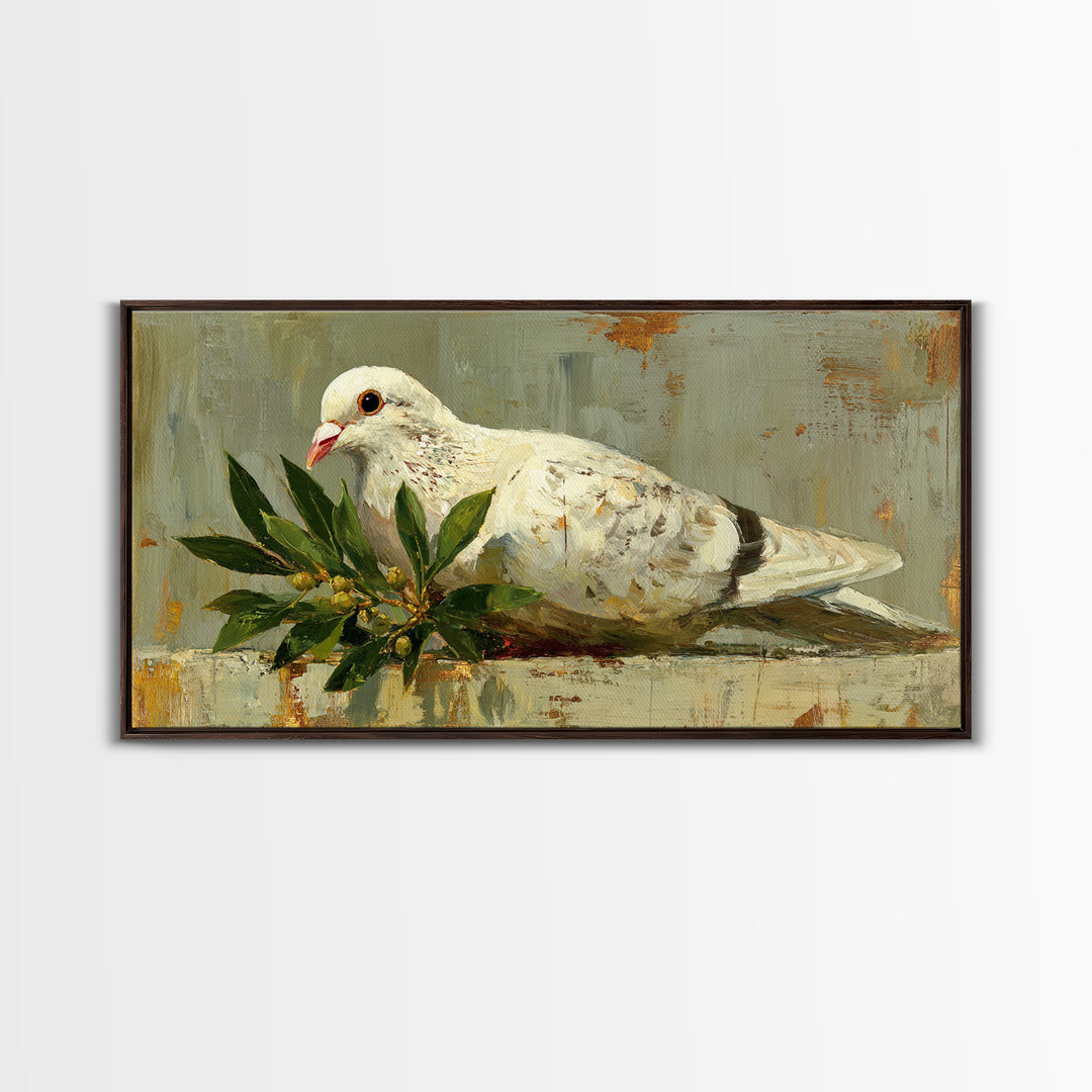 White Dove with Olive Branch and Calm Framed Canvas Print, Bird Art, Art Print, Living Room Decor, Watercolor Art, Flight, BIR-2x1-12