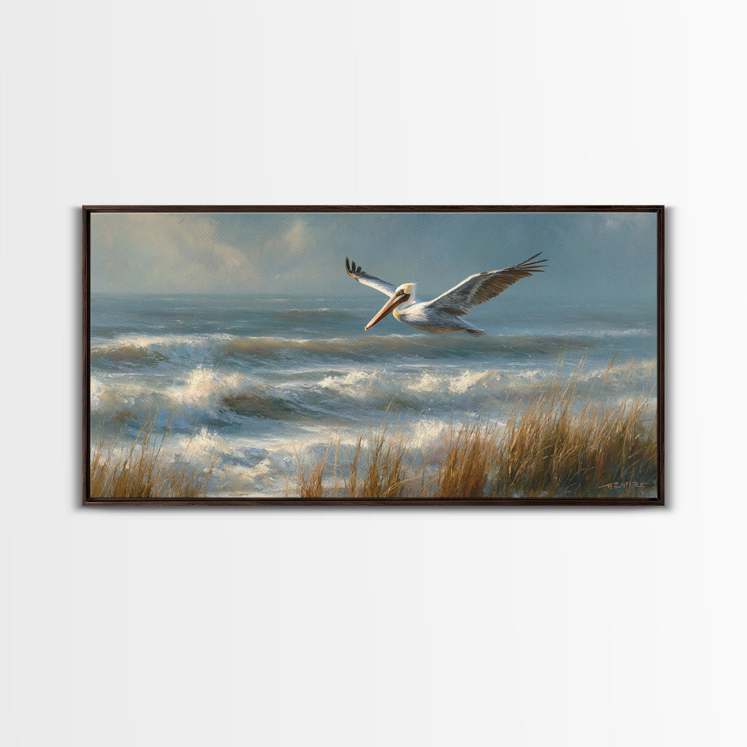 Pelican Flying over Coastal Waves Framed Canvas Print, Bird Art, Fine Art Print, Living Room Decor, Watercolor Art, Flight, BIR-2x1-14