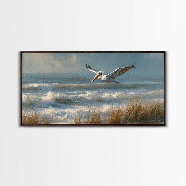 Pelican Flying over Coastal Waves Framed Canvas Print, Bird Art, Fine Art Print, Living Room Decor, Watercolor Art, Flight, BIR-2x1-14