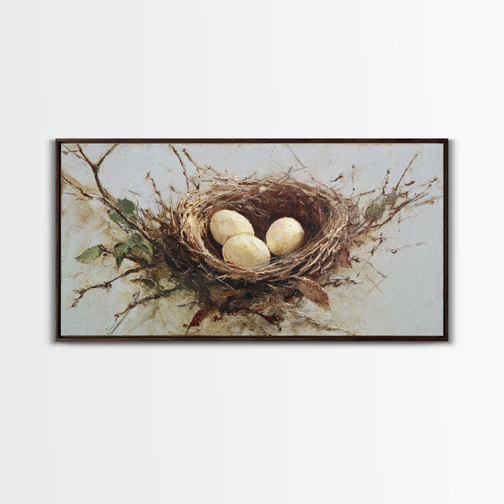 Bird Nest with Eggs and Delicate Twigs Framed Canvas Print, Bird Art, Statement Artwork, Living Room Decor, Fine Art, Flight, BIR-2x1-18