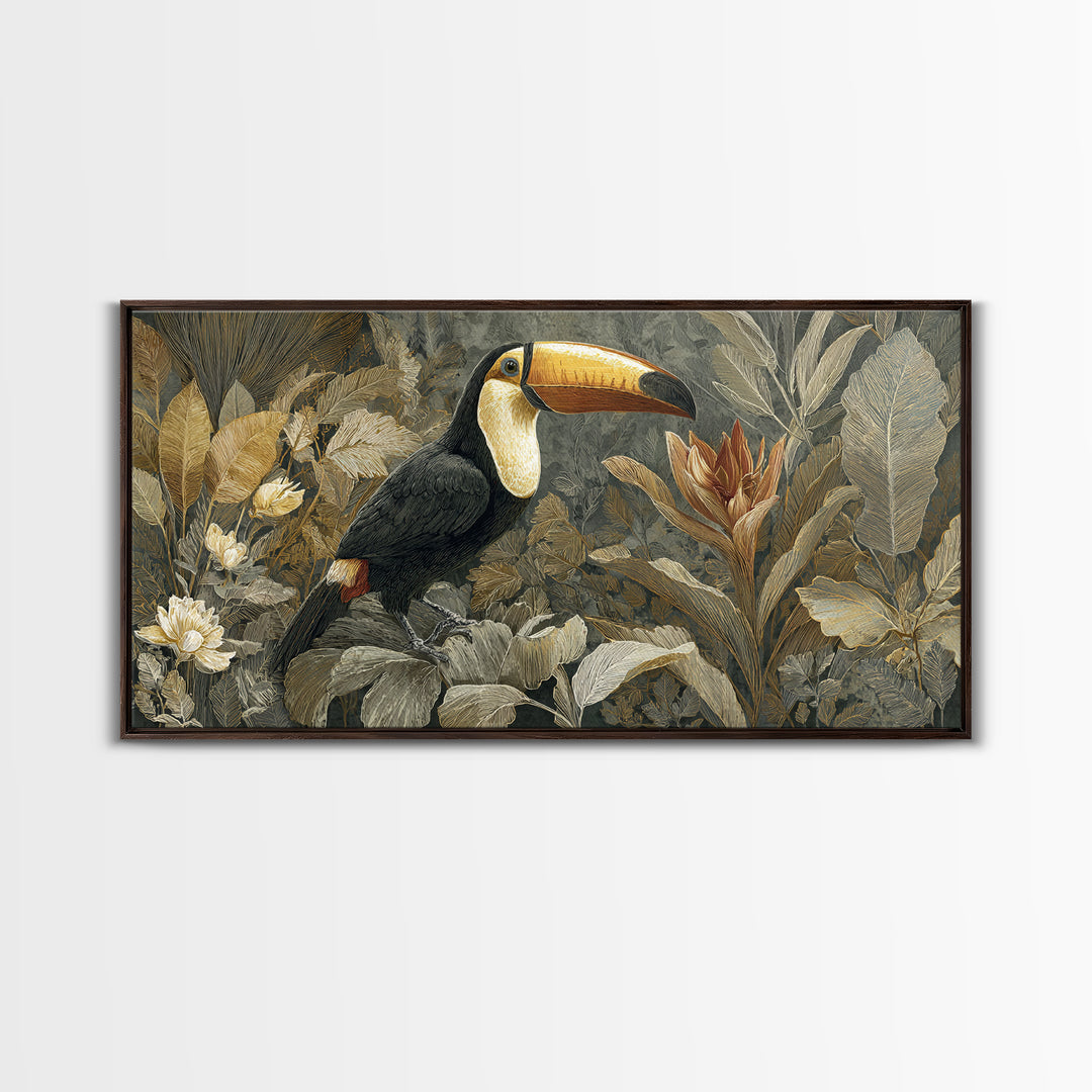 Toucan Framed by Bold Jungle Foliage Framed Canvas Print, Bird Art, Bird Wall Art, Living Room Decor, Fine Art, Flight, BIR-2x1-19