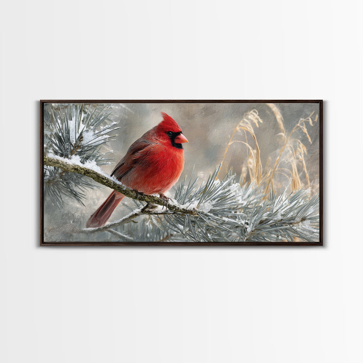 Red Cardinal on Snowy Pine Branch Canvas Print, Bird Art, Wall Art, Living Room Decor, Fine Art, Flight, Japanese Wall Art, BIR-2x1-21