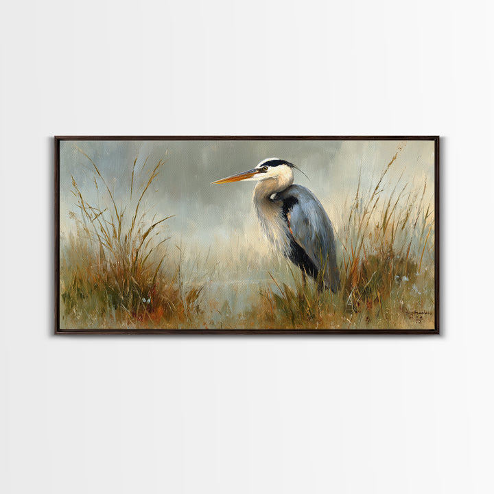 Blue Heron in Misty Marsh Grass Canvas Print, Bird Art, Boho Decor, Living Room Decor, Fine Art, Flight, Printable Wall Art, BIR-2x1-22