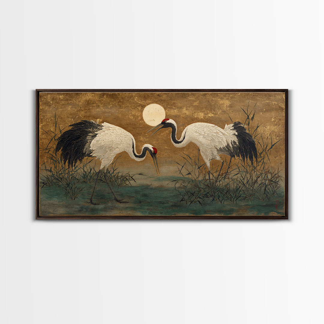 Pair of Cranes Dancing Framed Canvas Print, Bird Art, Art Deco, Living Room Decor, Watercolor Art, Flight, Gallery Wall, BIR-2x1-23