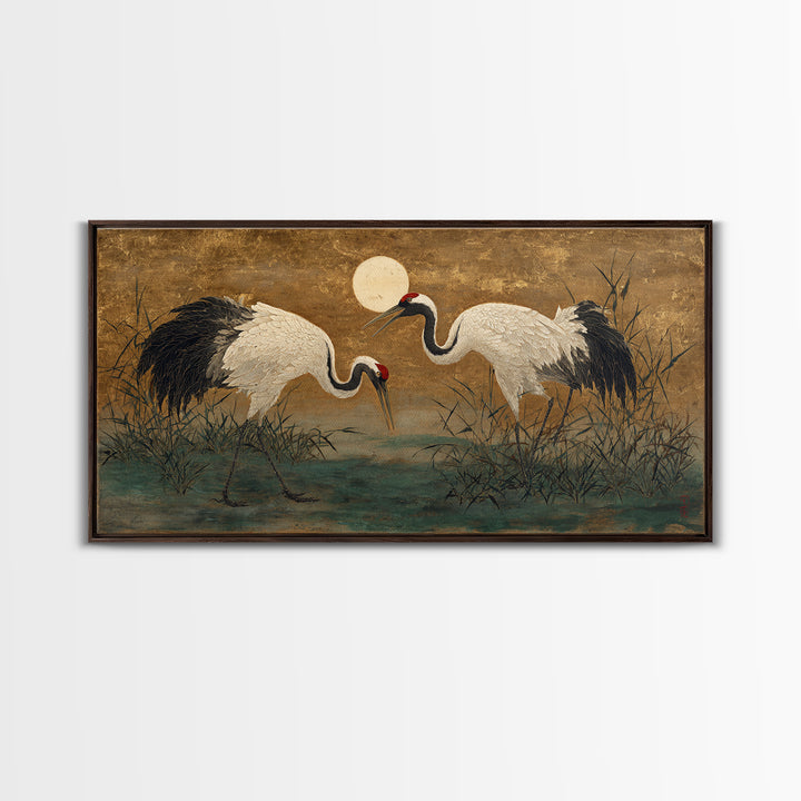 Pair of Cranes Dancing Framed Canvas Print, Bird Art, Art Deco, Living Room Decor, Watercolor Art, Flight, Gallery Wall, BIR-2x1-23