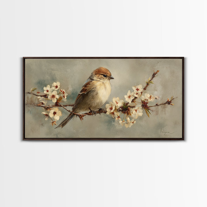 Songbird Perched on Cherry Blossoms Framed Canvas Print, Bird Art, Minimalist Decor, Living Room Decor, Fine Art, Flight, BIR-2x1-28