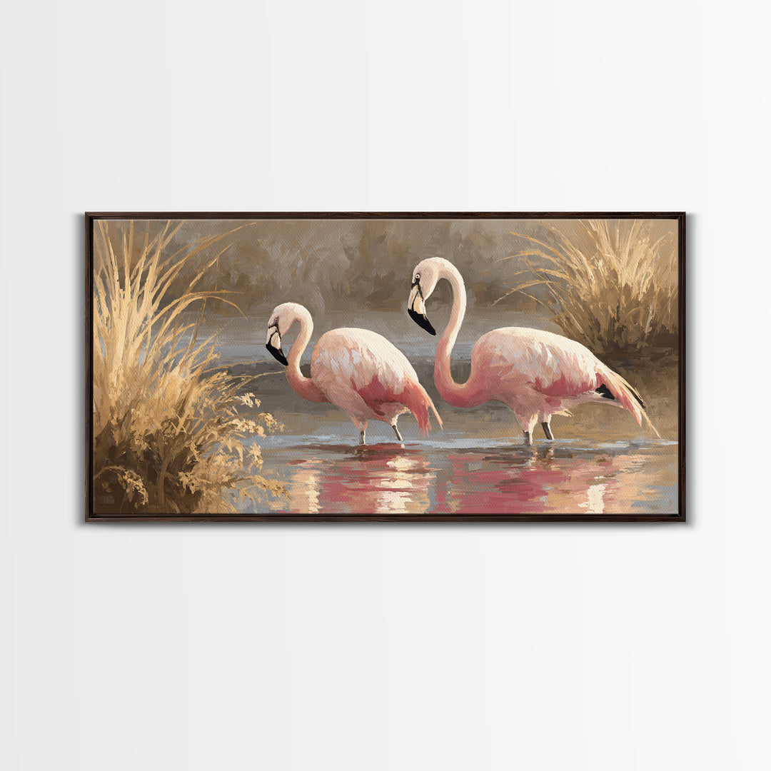 Flamingo Pair in Coral Water Reflections Framed Canvas Print, Bird Art, Luxury Decor, Living Room Decor, Fine Art, Flight, BIR-2x1-30