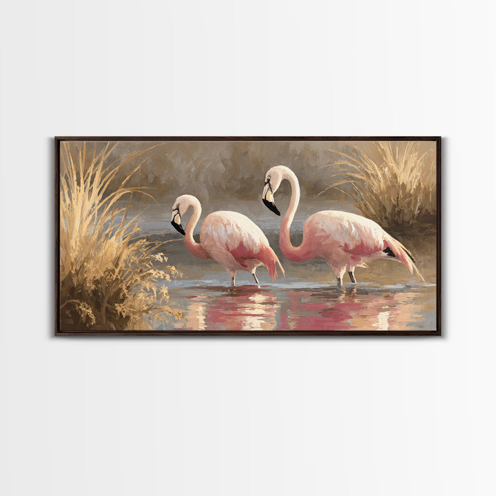 Flamingo Pair in Coral Water Reflections Framed Canvas Print, Bird Art, Luxury Decor, Living Room Decor, Fine Art, Flight, BIR-2x1-30