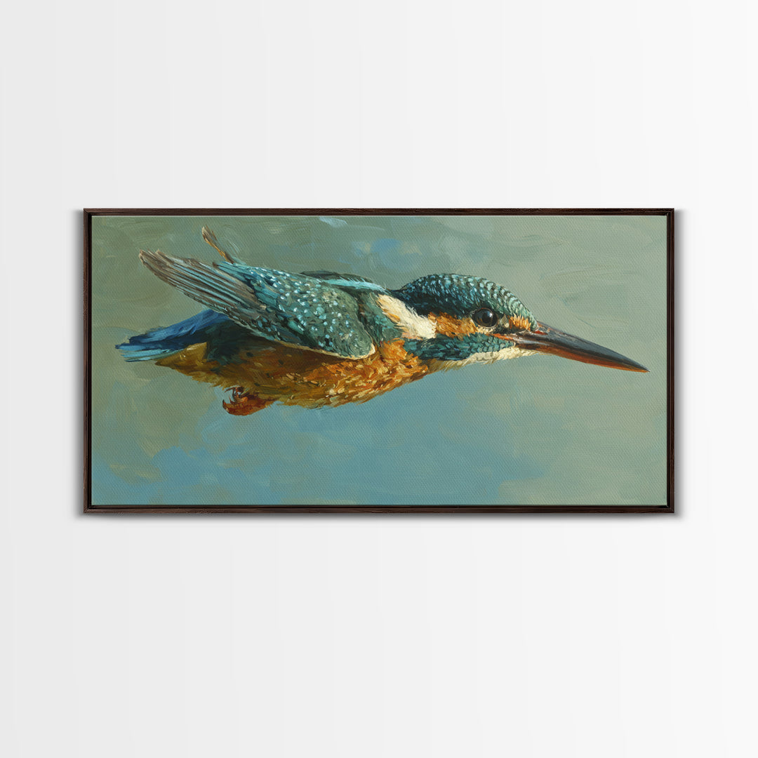 Kingfisher Diving Toward Blue Water Canvas Print, Bird Art, Digital Print, Living Room Decor, Fine Art, Flight, Bird Prints, BIR-2x1-31