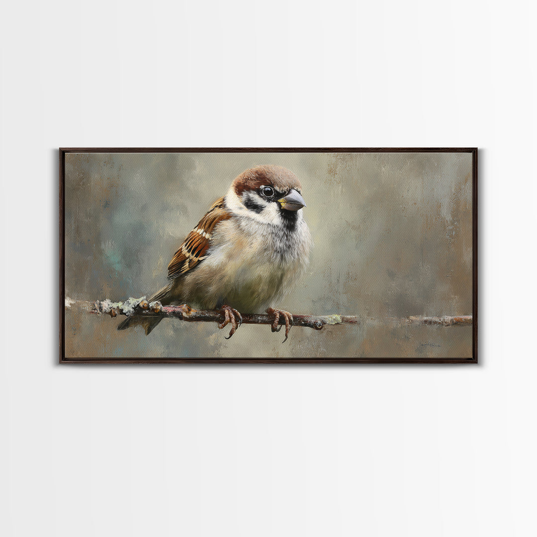 Small Sparrow on Wildflower Stem Framed Canvas Print, Bird Art, Art Print, Living Room Decor, Watercolor Art, Flight, BIR-2x1-34