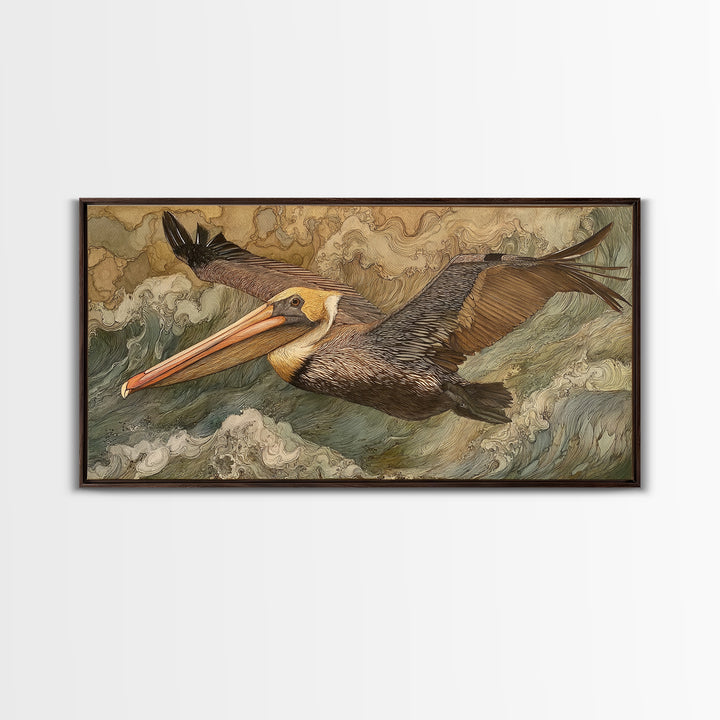 Pelican Flying over Coastal Waves Framed Canvas Print, Bird Art, Fine Art Print, Living Room Decor, Watercolor Art, Flight, BIR-2x1-38