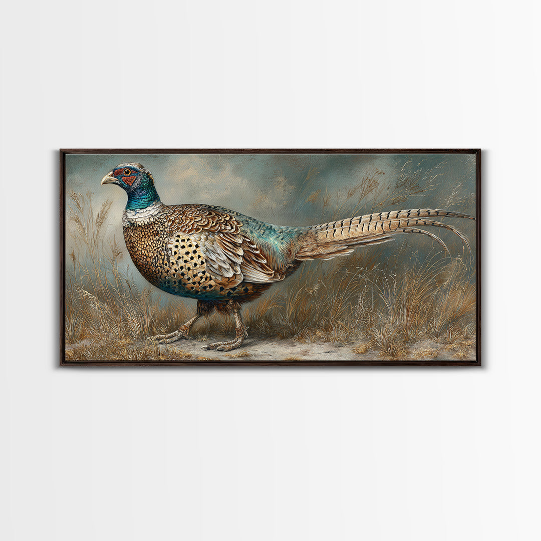 Pheasant with Ornate Feather Details Canvas Print, Bird Art, Printable Wall Art, Living Room Decor, Oil Painting, Flight, BIR-2x1-39