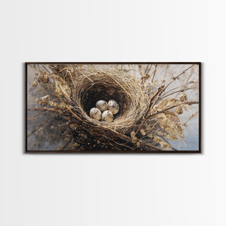 Bird Nest with Eggs and Delicate Twigs Framed Canvas Print, Bird Art, Statement Artwork, Living Room Decor, Fine Art, Flight, BIR-2x1-42