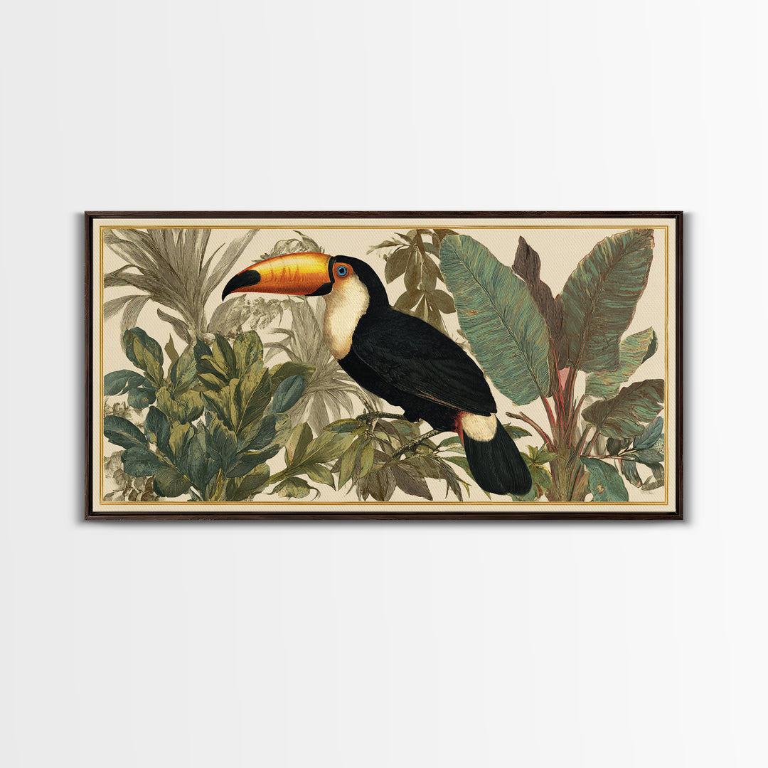 Toucan Framed by Bold Jungle Foliage Framed Canvas Print, Bird Art, Mid Century Modern, Living Room Decor, Fine Art, Flight, BIR-2x1-43