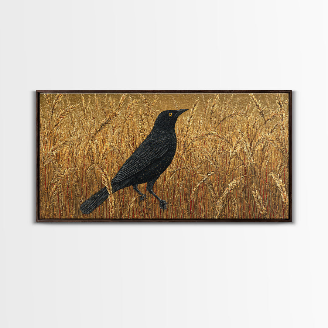 Blackbird on Gold Wheat Field Canvas Print, Bird Art, Textured Painting, Living Room Decor, Abstract Art, Flight, Printable Art, BIR-2x1-44