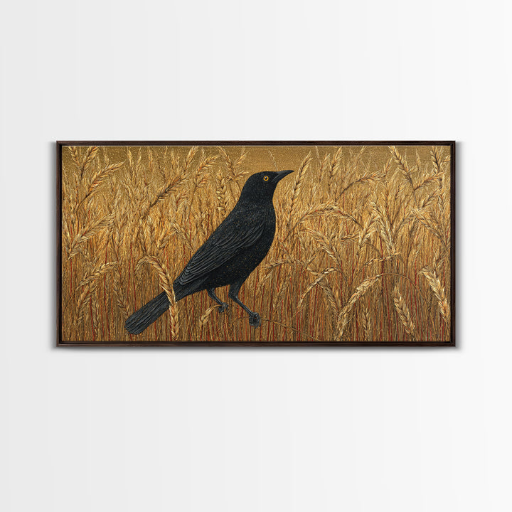 Blackbird on Gold Wheat Field Canvas Print, Bird Art, Textured Painting, Living Room Decor, Abstract Art, Flight, Printable Art, BIR-2x1-44