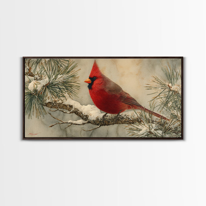Red Cardinal on Snowy Pine Branch Framed Canvas Print, Bird Art, Art Deco, Living Room Decor, Oil Painting, Flight, BIR-2x1-45