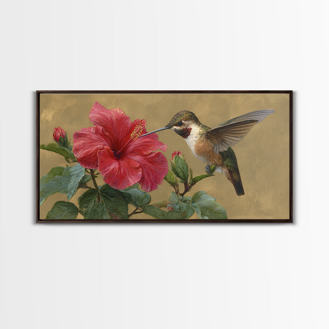 Hummingbird Hovering Beside Bright Hibiscus Canvas Print, Bird Art, Digital Prints, Living Room Decor, Fine Art, Flight, BIR-2x1-48