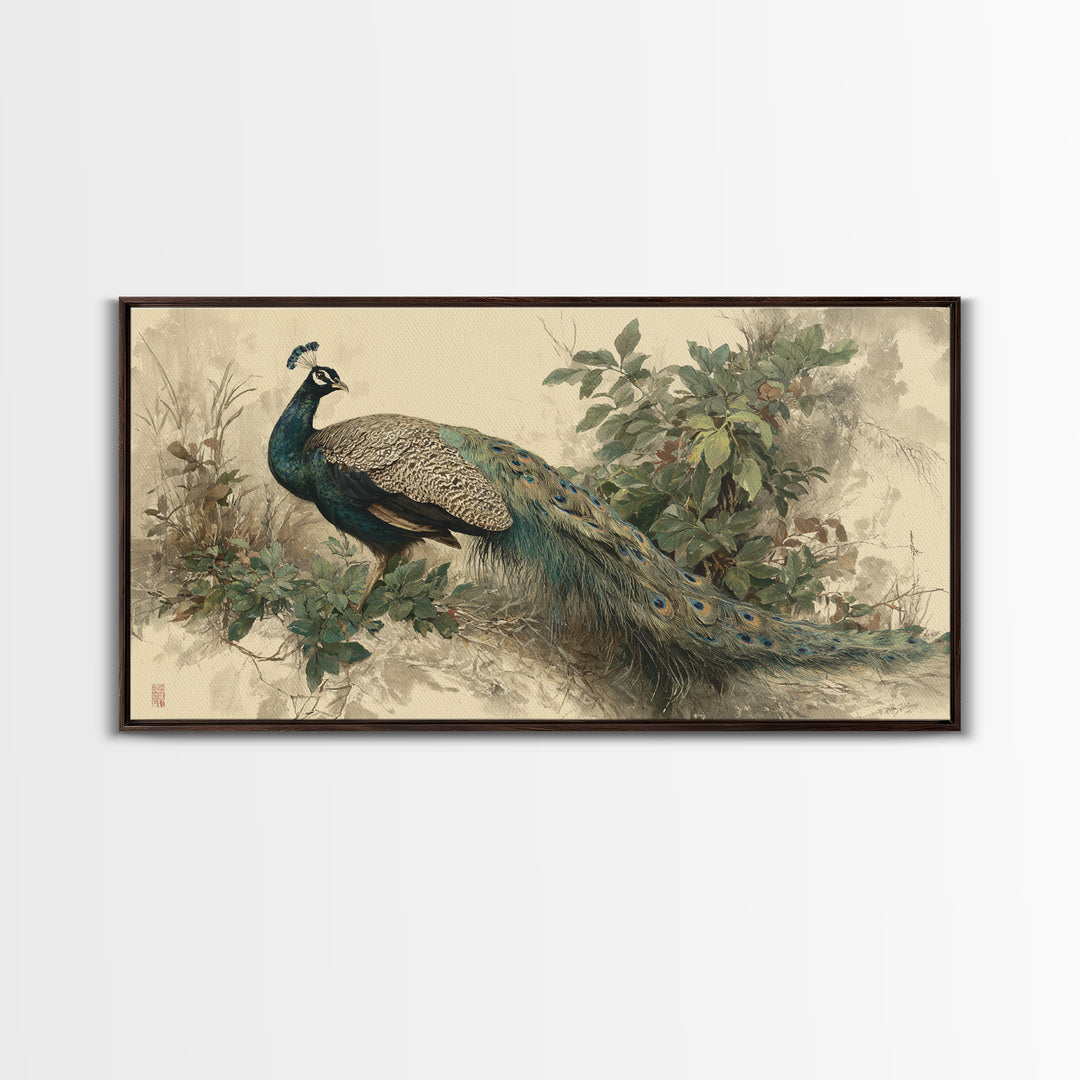 Peacock with Jewel Tone Feather Pattern Framed Canvas Print, Bird Art, Japanese Wall Art, Living Room Decor, Watercolor Art, BIR-2x1-51