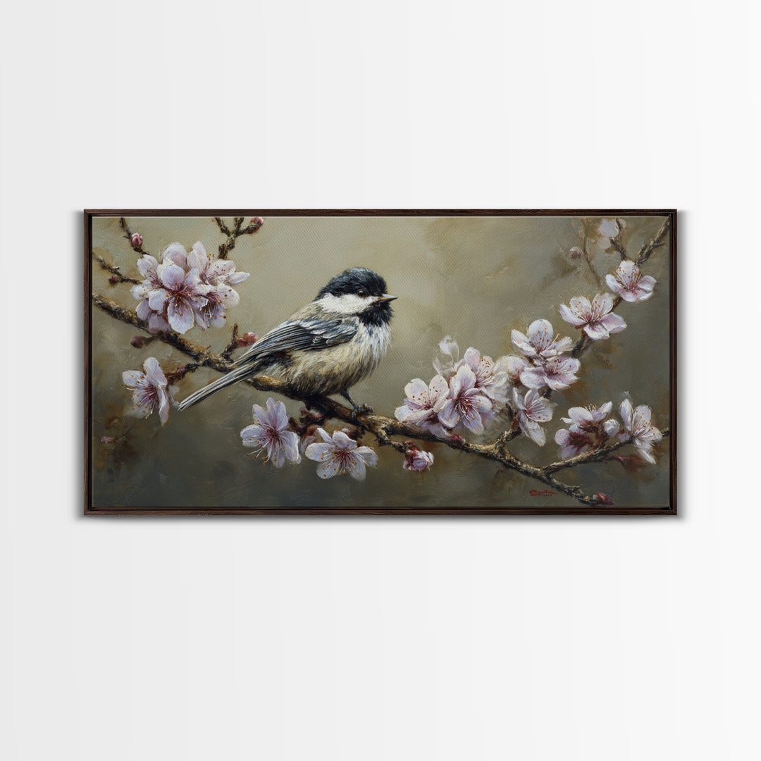 Songbird Perched on Cherry Blossoms Canvas Print, Bird Art, Printable Wall Art, Living Room Decor, Fine Art, Flight, Modern Art, BIR-2x1-52