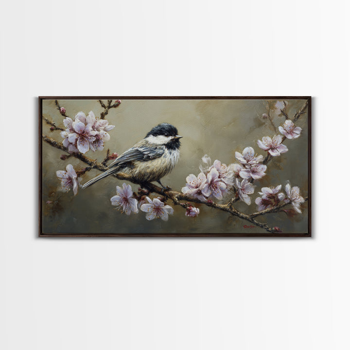 Songbird Perched on Cherry Blossoms Canvas Print, Bird Art, Printable Wall Art, Living Room Decor, Fine Art, Flight, Modern Art, BIR-2x1-52