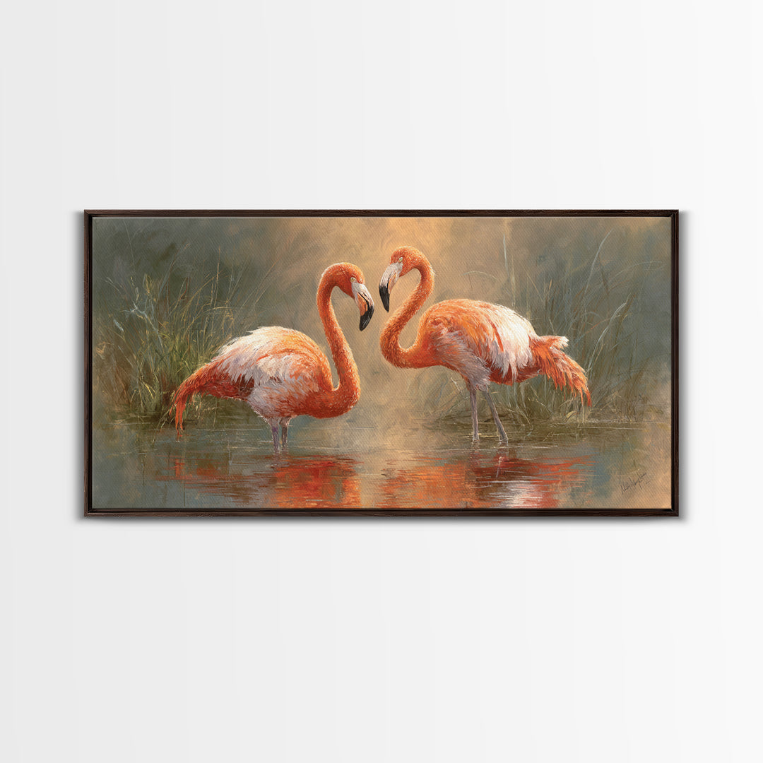 Flamingo Pair in Coral Water Reflections Canvas Print, Bird Art, Contemporary Art, Living Room Decor, Fine Art, Flight, BIR-2x1-54