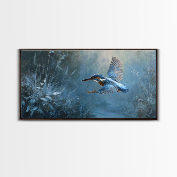 Kingfisher Diving Toward Blue Water Framed Canvas Print, Bird Art, Modern Wall Art, Living Room Decor, Fine Art, Flight, BIR-2x1-55