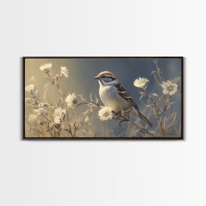 Small Sparrow on Wildflower Stem Canvas Print, Bird Art, Wall Art, Living Room Decor, Watercolor Art, Flight, Japanese Wall Art, BIR-2x1-58