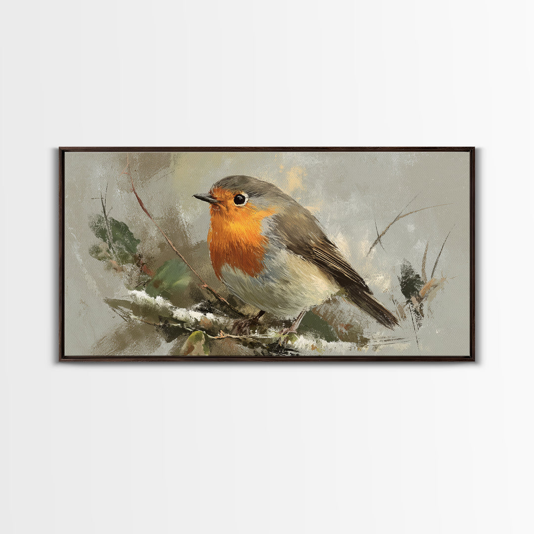 Robin in a Spring Garden with Soft Framed Canvas Print, Bird Art, Bird Prints, Living Room Decor, Watercolor Art, Flight, BIR-2x1-59