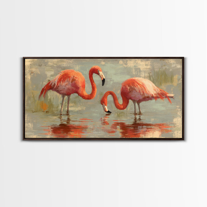 Flamingo Pair in Coral Water Reflections Framed Canvas Print, Bird Art, Luxury Decor, Living Room Decor, Fine Art, Flight, BIR-2x1-6