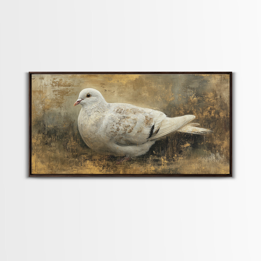 White Dove with Olive Branch and Calm Framed Canvas Print, Bird Art, Art Deco, Living Room Decor, Flight, Gallery Wall, BIR-2x1-60