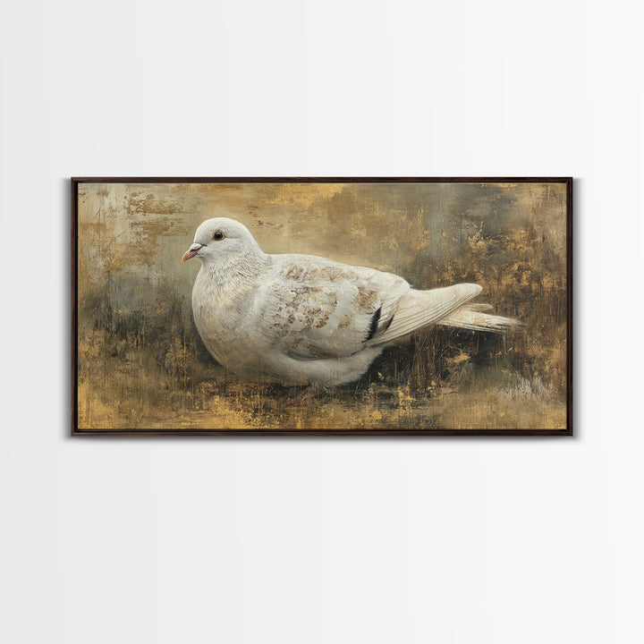 White Dove with Olive Branch and Calm Framed Canvas Print, Bird Art, Art Deco, Living Room Decor, Flight, Gallery Wall, BIR-2x1-60