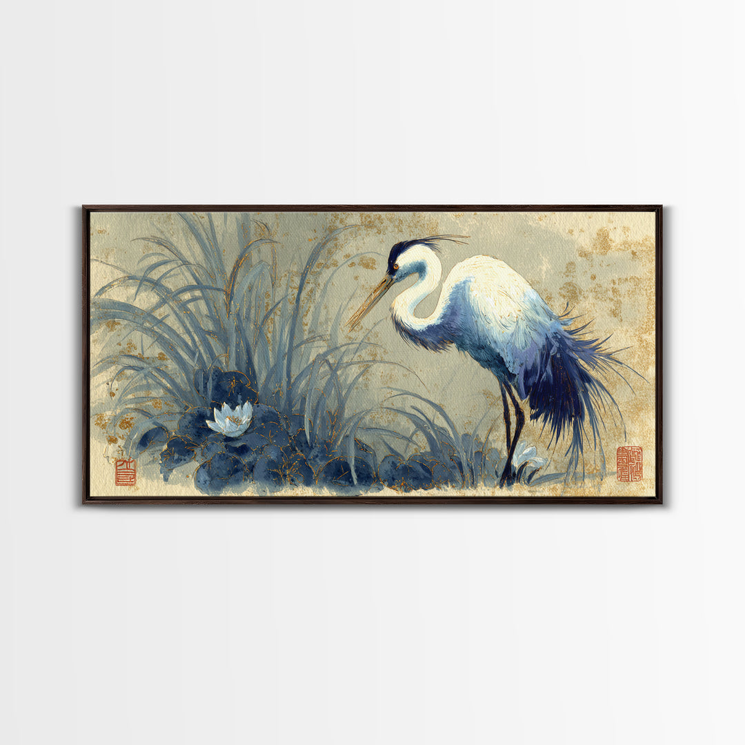 Crane and Lotus Composition Canvas Print, Bird Art, Printable Wall Art, Living Room Decor, Fine Art, Flight, Modern Art, BIR-2x1-61