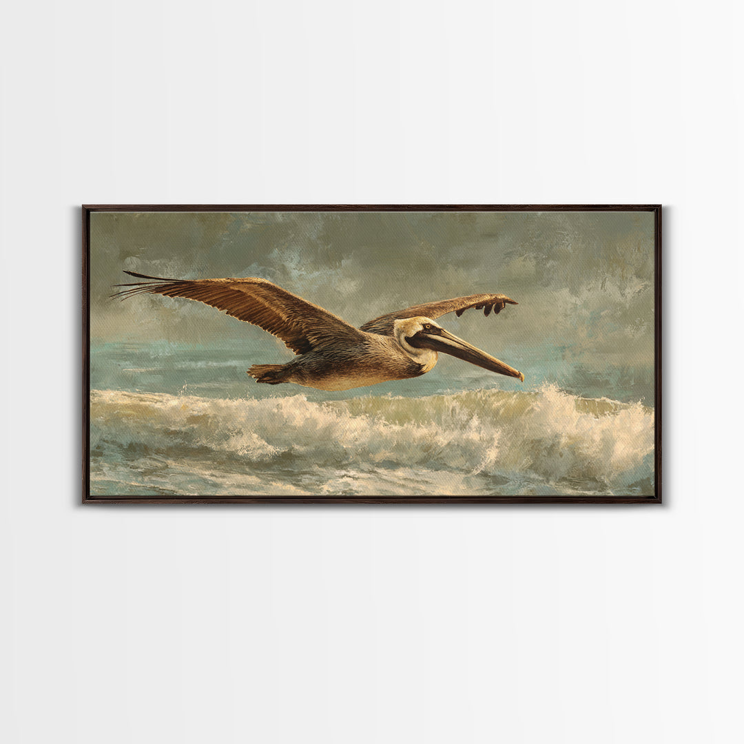 Pelican Flying over Coastal Waves Canvas Print, Bird Art, Room Decor, Living Room Decor, Oil Painting, Flight, Digital Print, BIR-2x1-62