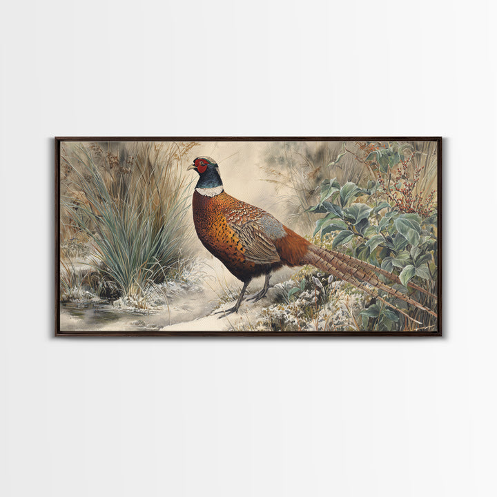Pheasant with Ornate Feather Details Canvas Print, Bird Art, Living Room Decor, Fine Art, Flight, Rustic Home Decor, Floral Art, BIR-2x1-63