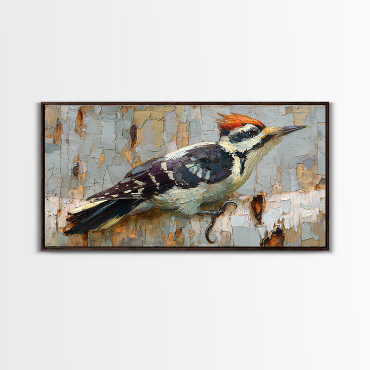 Woodpecker on Birch Bark Texture Framed Canvas Print, Bird Art, Mid Century Modern, Living Room Decor, Abstract Art, Flight, BIR-2x1-65
