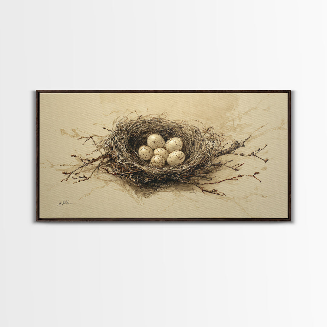 Bird Nest with Eggs and Delicate Twigs Canvas Print, Bird Art, Textured Painting, Living Room Decor, Watercolor Art, Flight, BIR-2x1-66