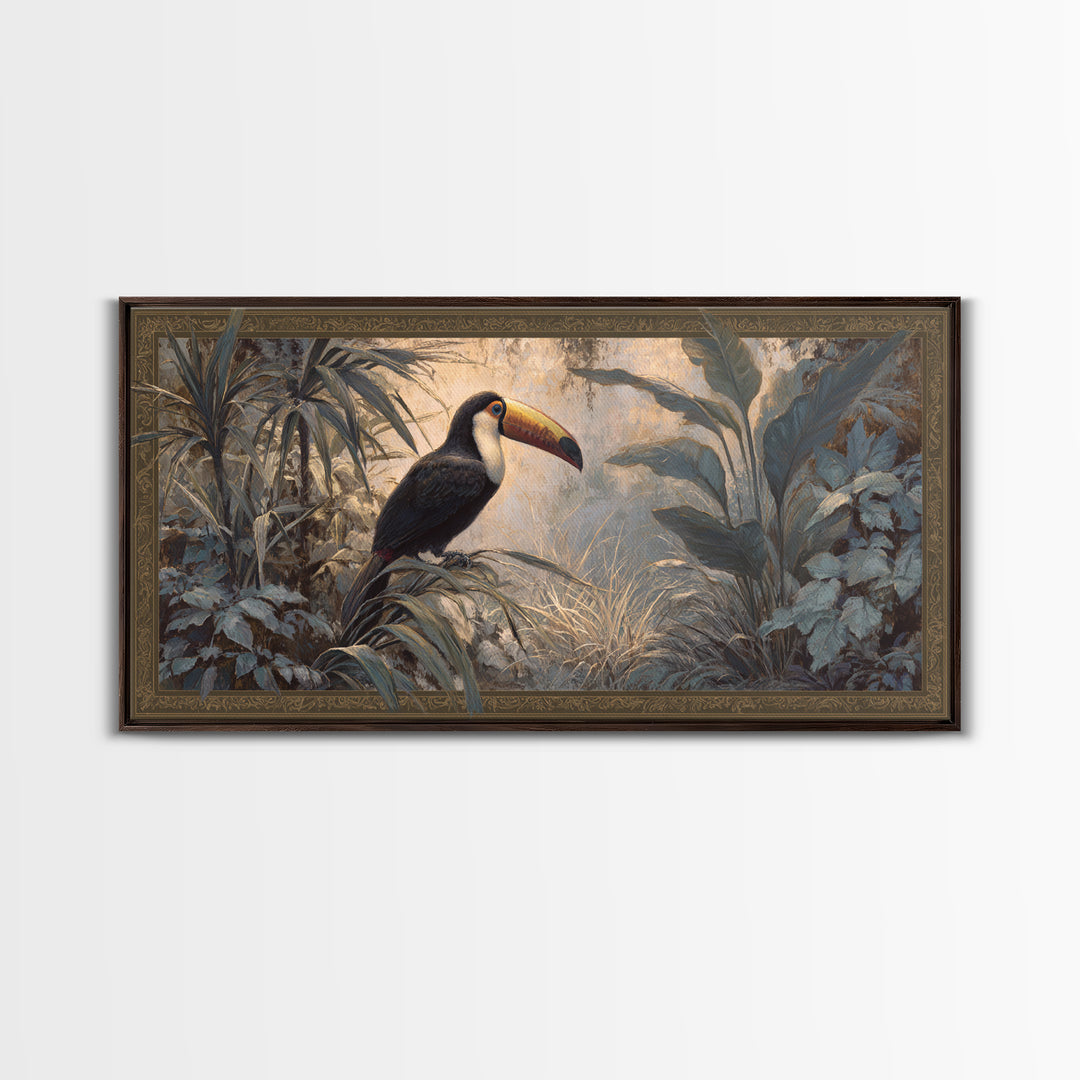 Toucan Framed by Bold Jungle Foliage Framed Canvas Print, Bird Art, Rustic Home Decor, Living Room Decor, Fine Art, Flight, BIR-2x1-67