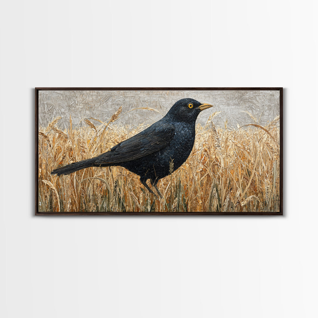 Blackbird on Gold Wheat Field Canvas Print, Bird Art, Digital Print, Living Room Decor, Watercolor Art, Flight, Bird Prints, BIR-2x1-68