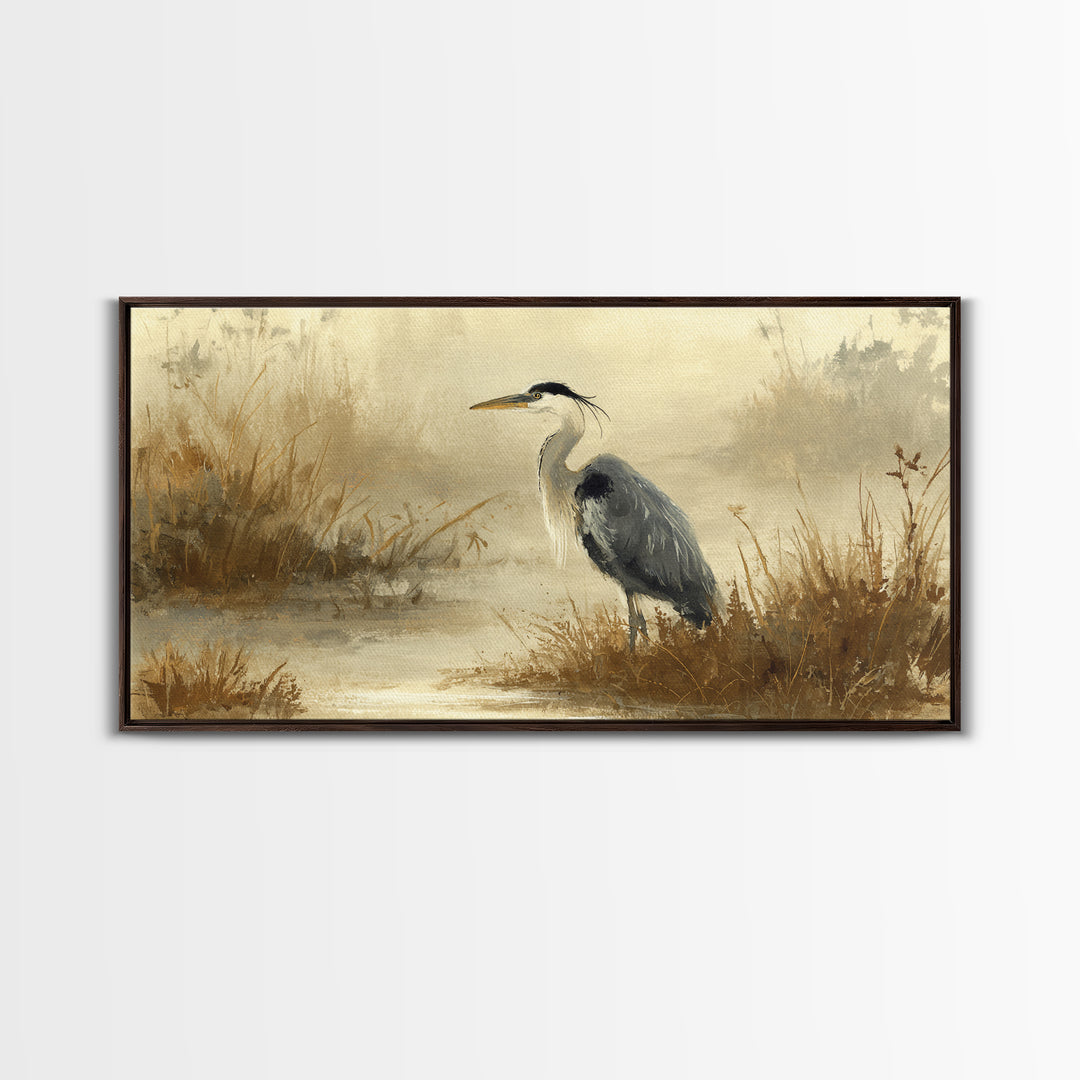 Blue Heron in Misty Marsh Grass Canvas Print, Bird Art, Digital Prints, Living Room Decor, Fine Art, Flight, Modern Art, BIR-2x1-70