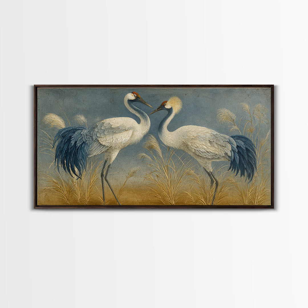 Pair of Cranes Dancing Canvas Print, Bird Art, Nature Prints, Living Room Decor, Abstract Art, Flight, Boho Decor, BIR-2x1-71