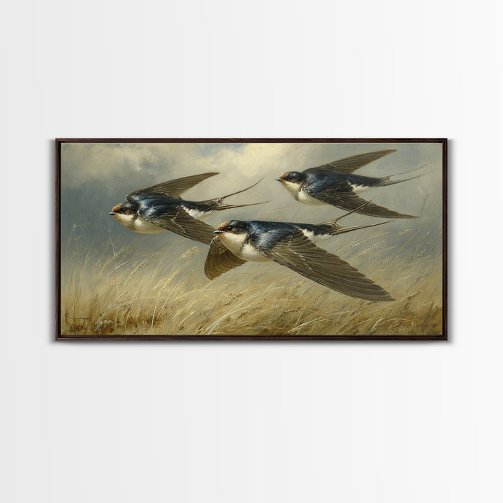 Flock of Swallows Sweeping Across Open Sky Canvas Print, Bird Art, Living Room Decor, Watercolor Art, Flight, BIR-2x1-74